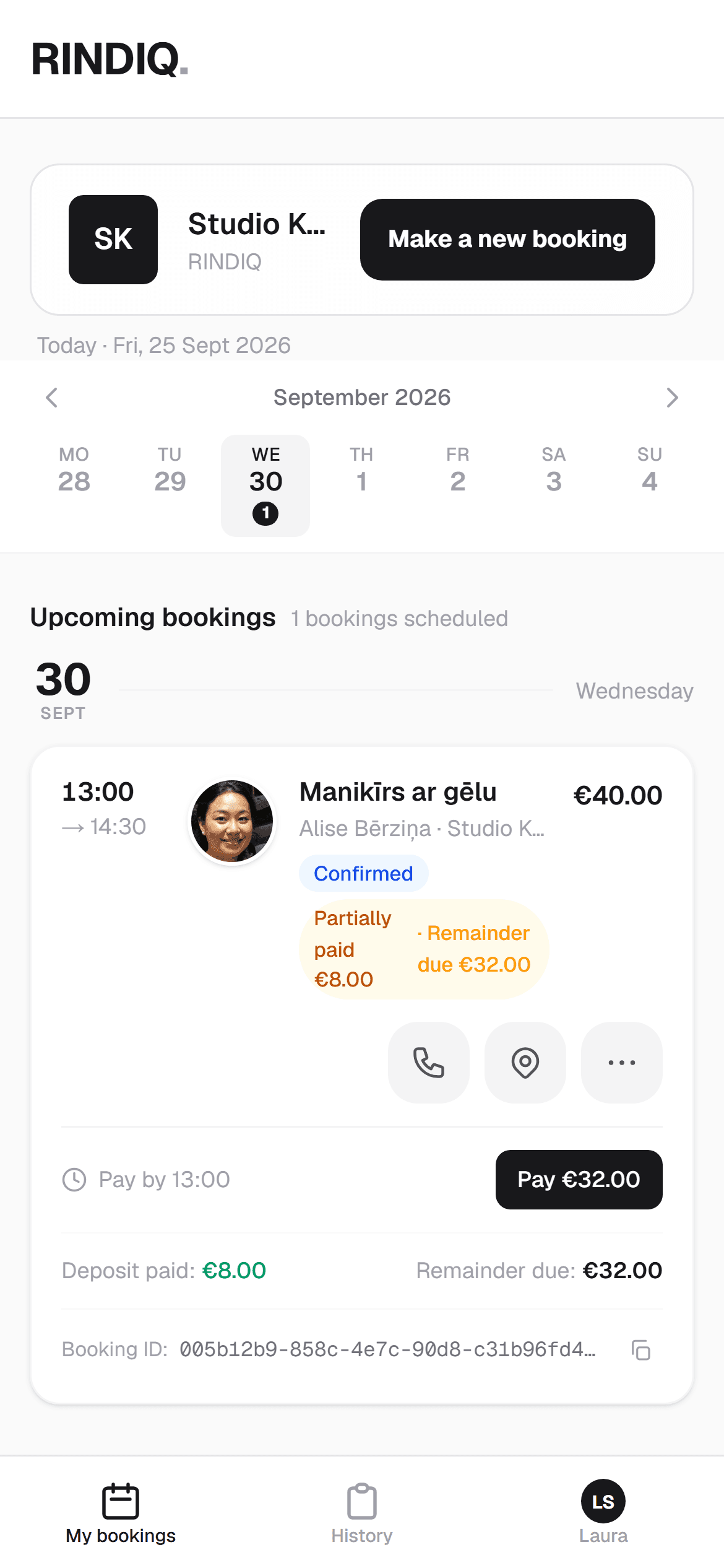 RINDIQ client portal on a phone showing the paid deposit and the remaining balance
