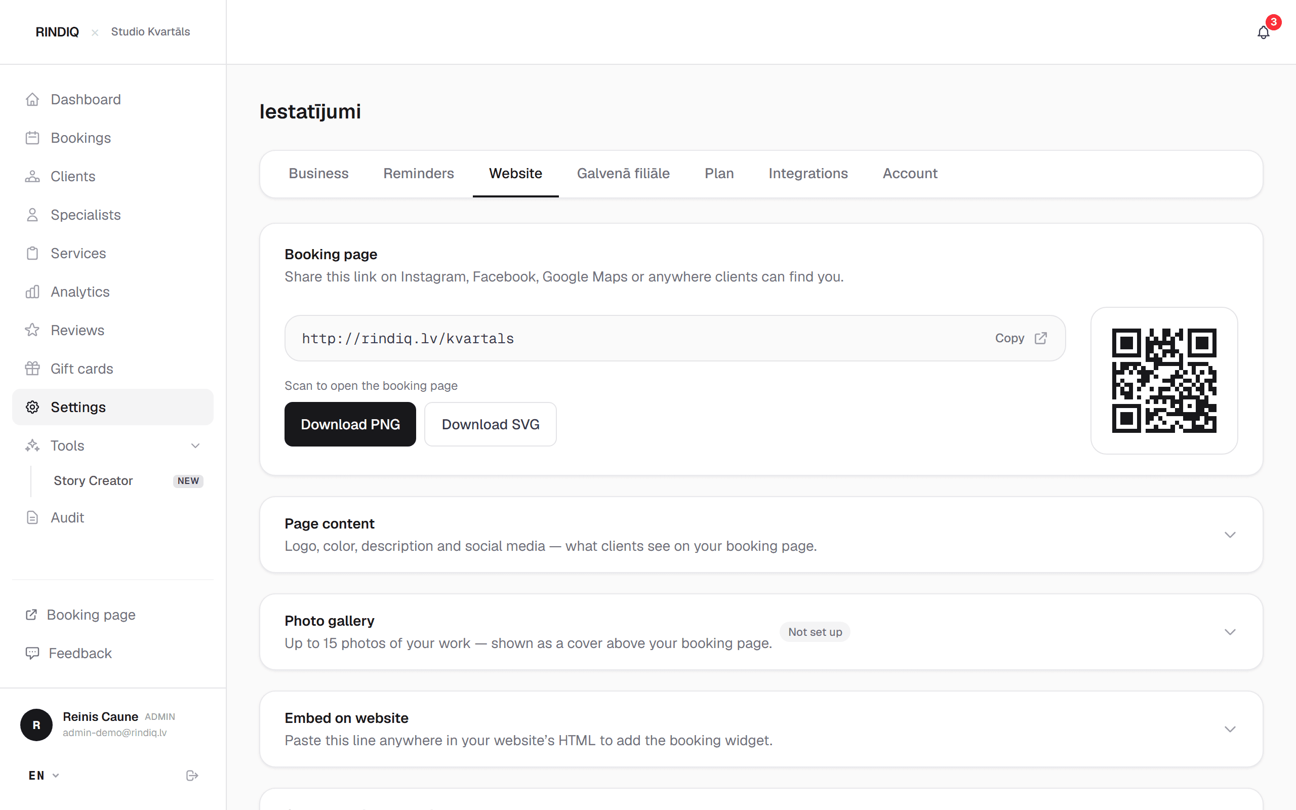 RINDIQ settings with the booking page link and QR code