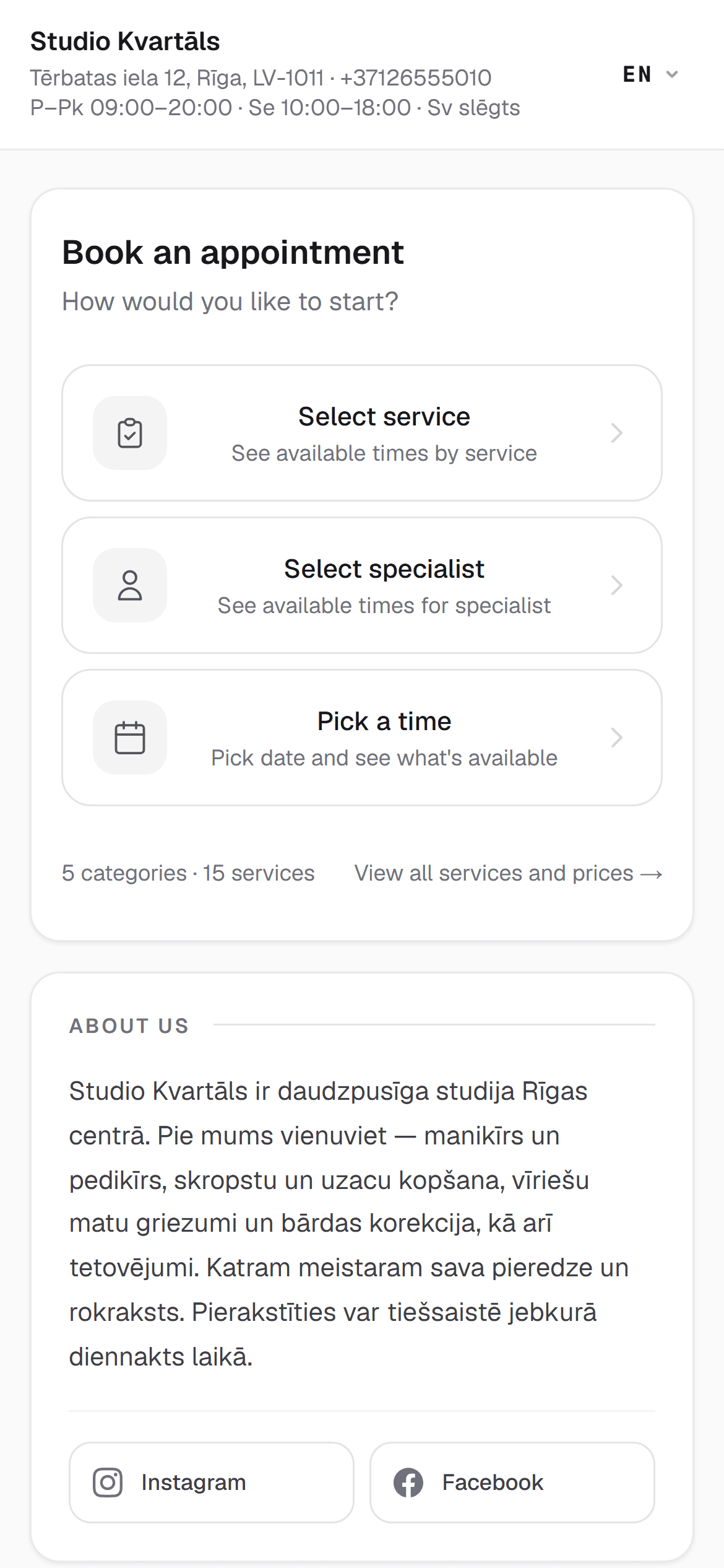 RINDIQ booking page on a phone with services and prices