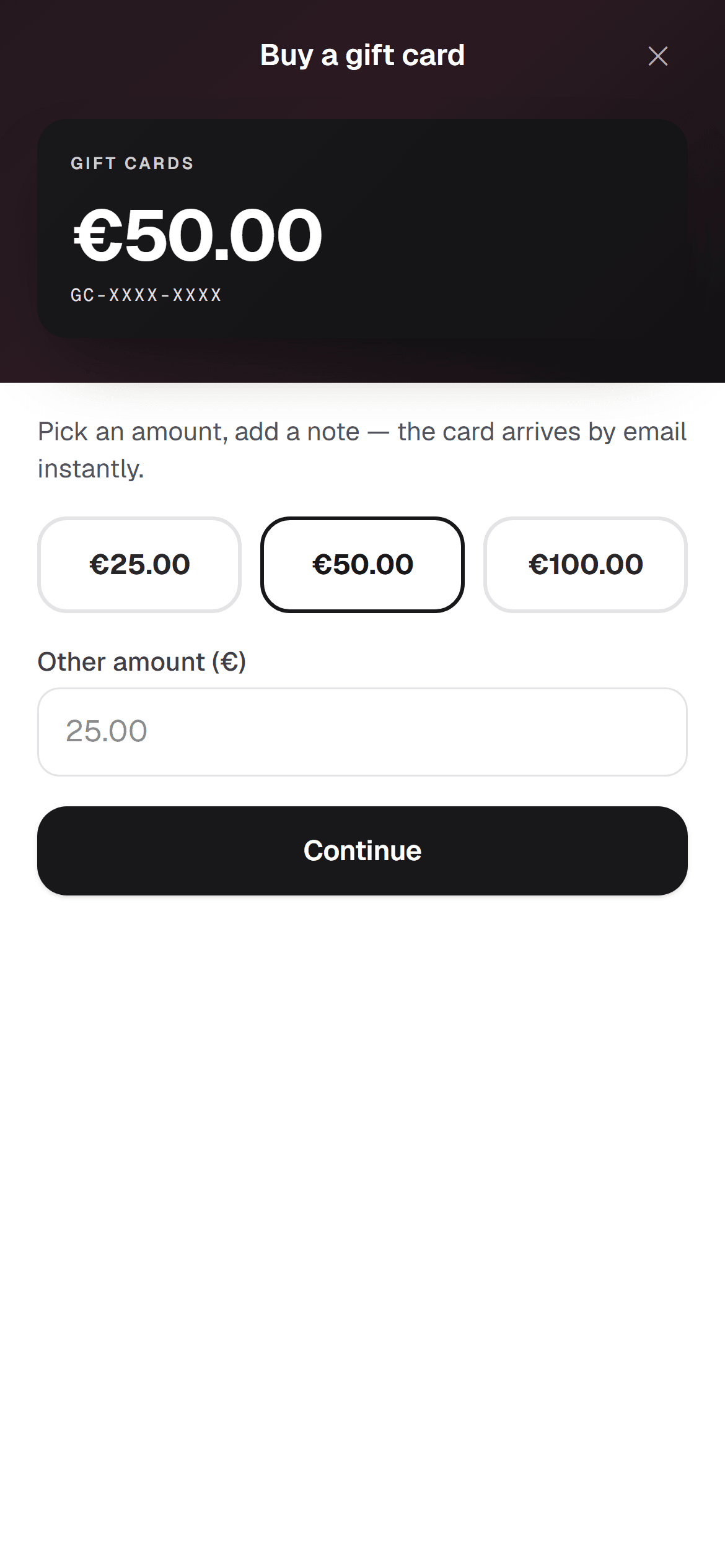 Buying a RINDIQ gift card on a phone with the amount picker