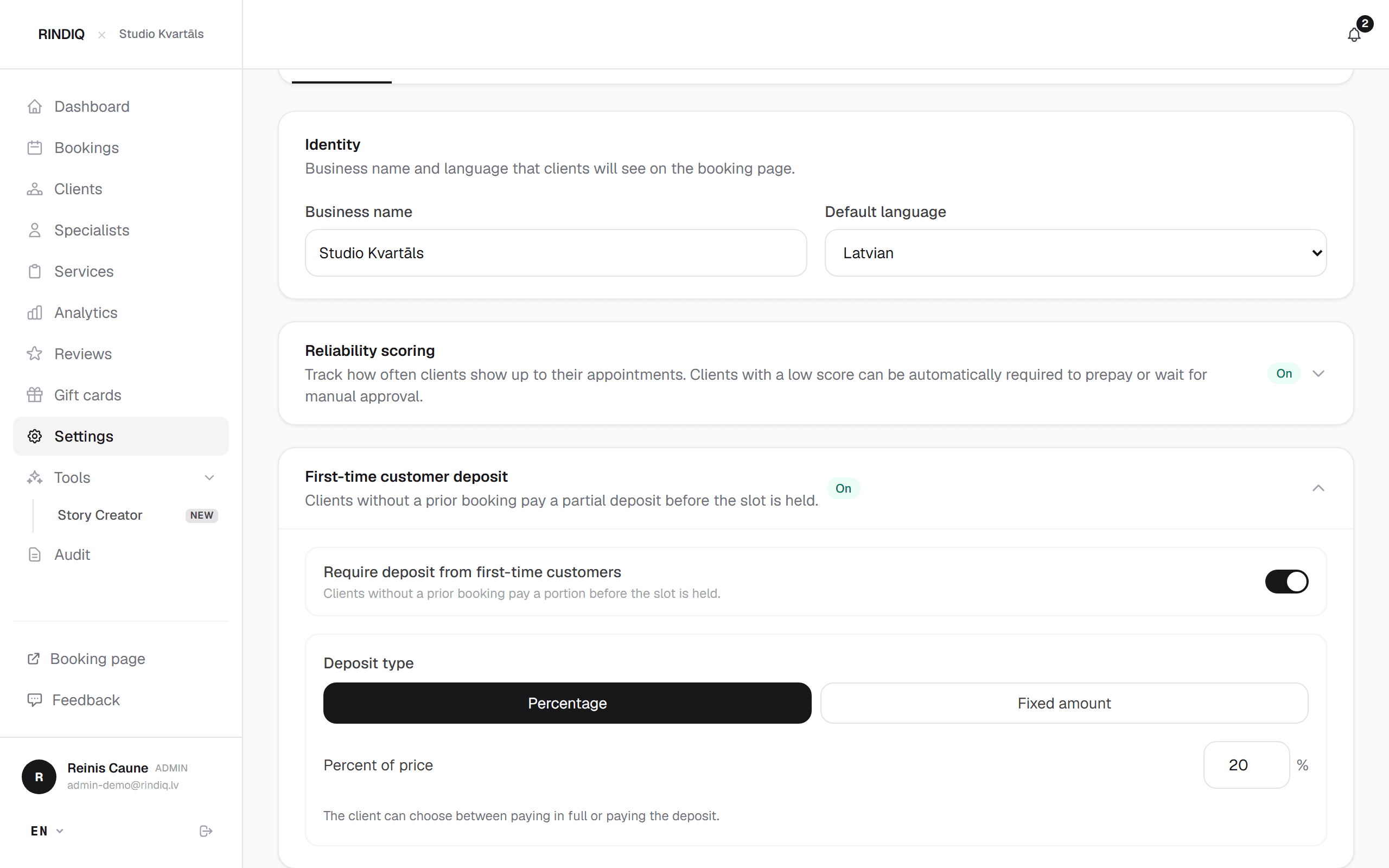 RINDIQ settings where the deposit for new clients is switched on