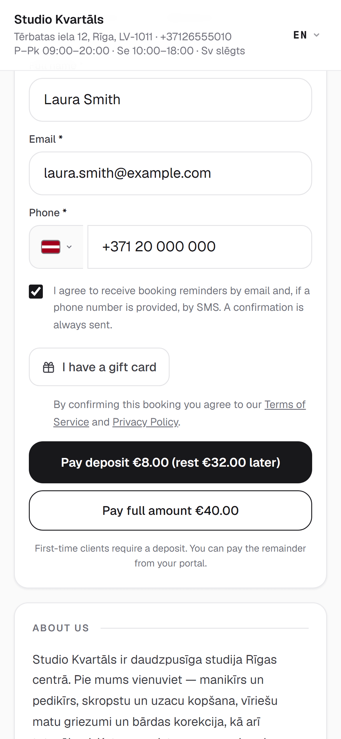 RINDIQ booking page on a phone with a choice between paying the deposit or the full price