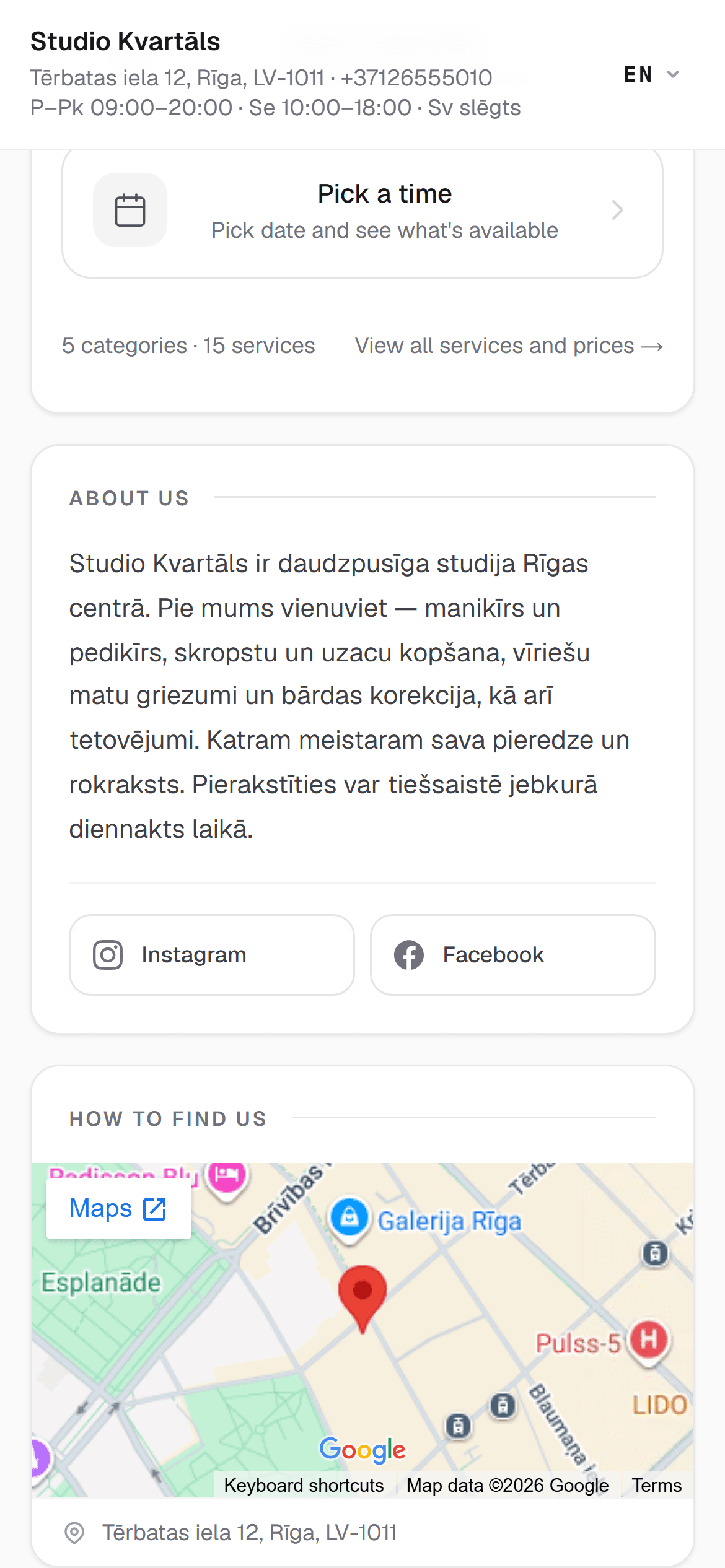RINDIQ booking page on a phone with the business description, social media links and a map